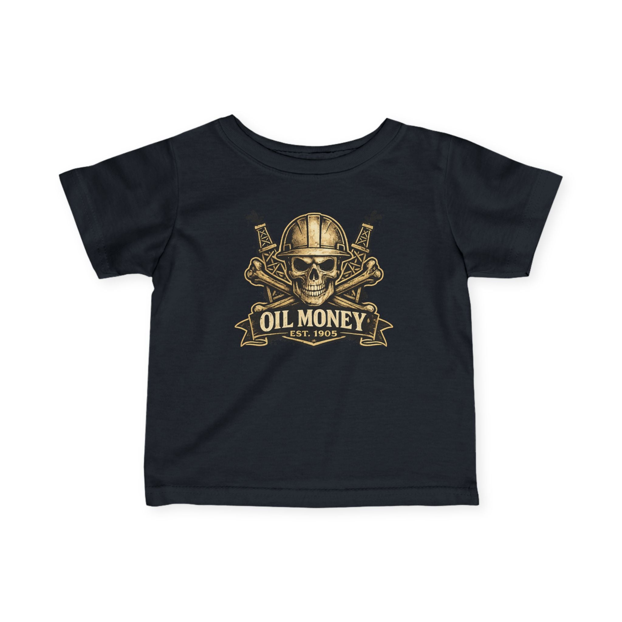 Oil Money Baby T-Shirt – Infant Graphic Tee | Funny Blue Collar Baby Shirt | EST. 1905 Skull Oil Rig Design