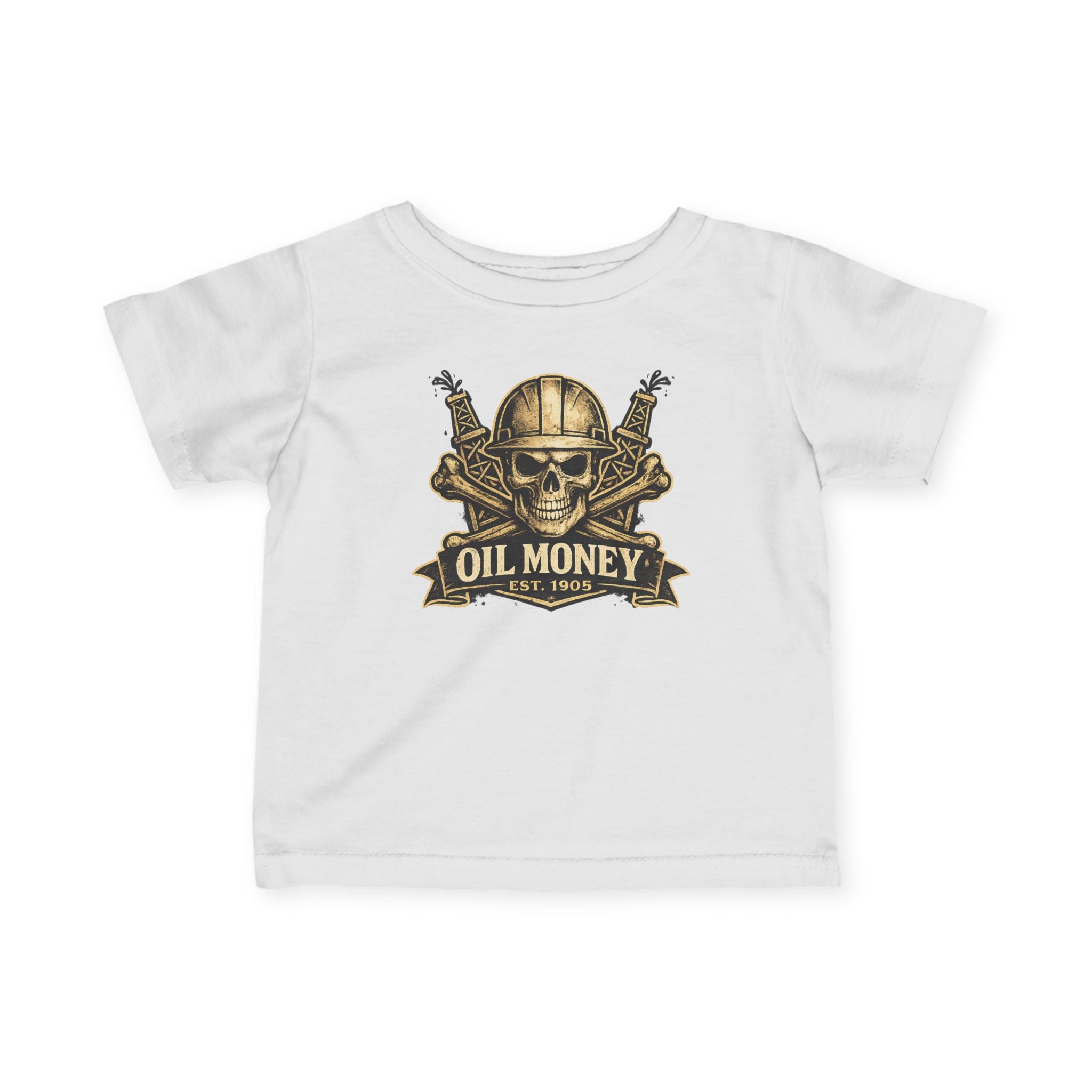 Oil Money Baby T-Shirt – Infant Graphic Tee | Funny Blue Collar Baby Shirt | EST. 1905 Skull Oil Rig Design