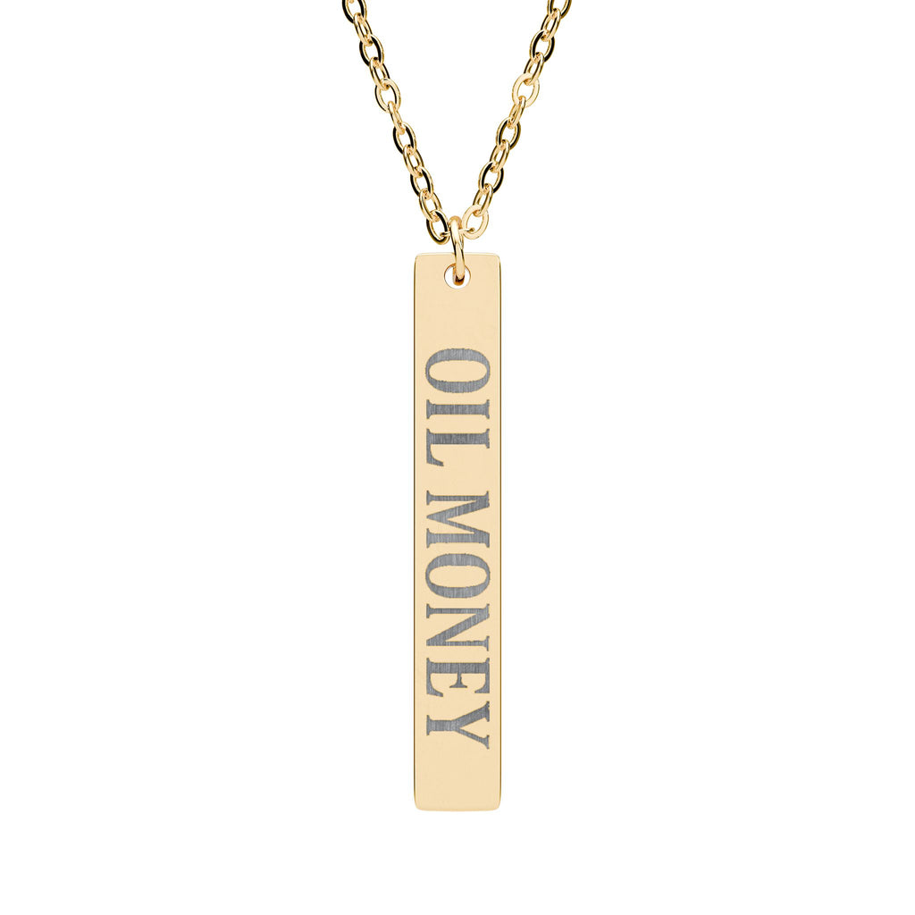 Oil Money Necklace – Minimalist Gold Bar Pendant | Luxury Statement Jewelry | EST. 1905 Engraved Necklace