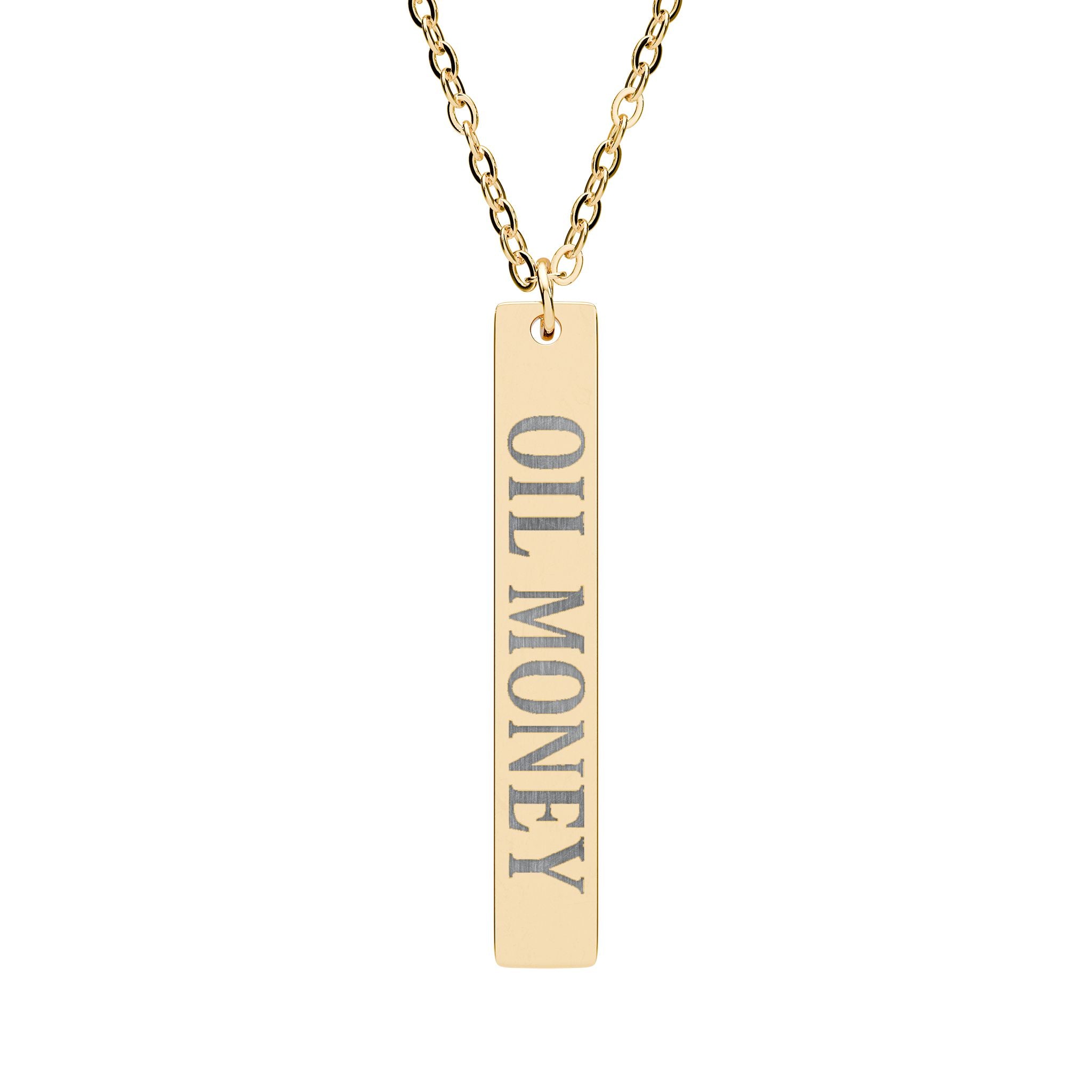 Oil Money Necklace – Minimalist Gold Bar Pendant | Luxury Statement Jewelry | EST. 1905 Engraved Necklace