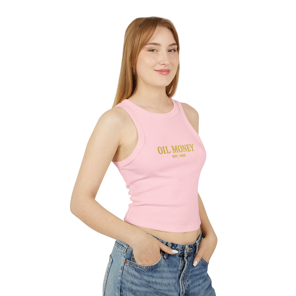Oil Money Women’s Crop Top – Minimalist Fitted Tank | Casual Summer Shirt | EST. 1905 Slim Fit Tee, Grounded Wealth, Refined Taste.
