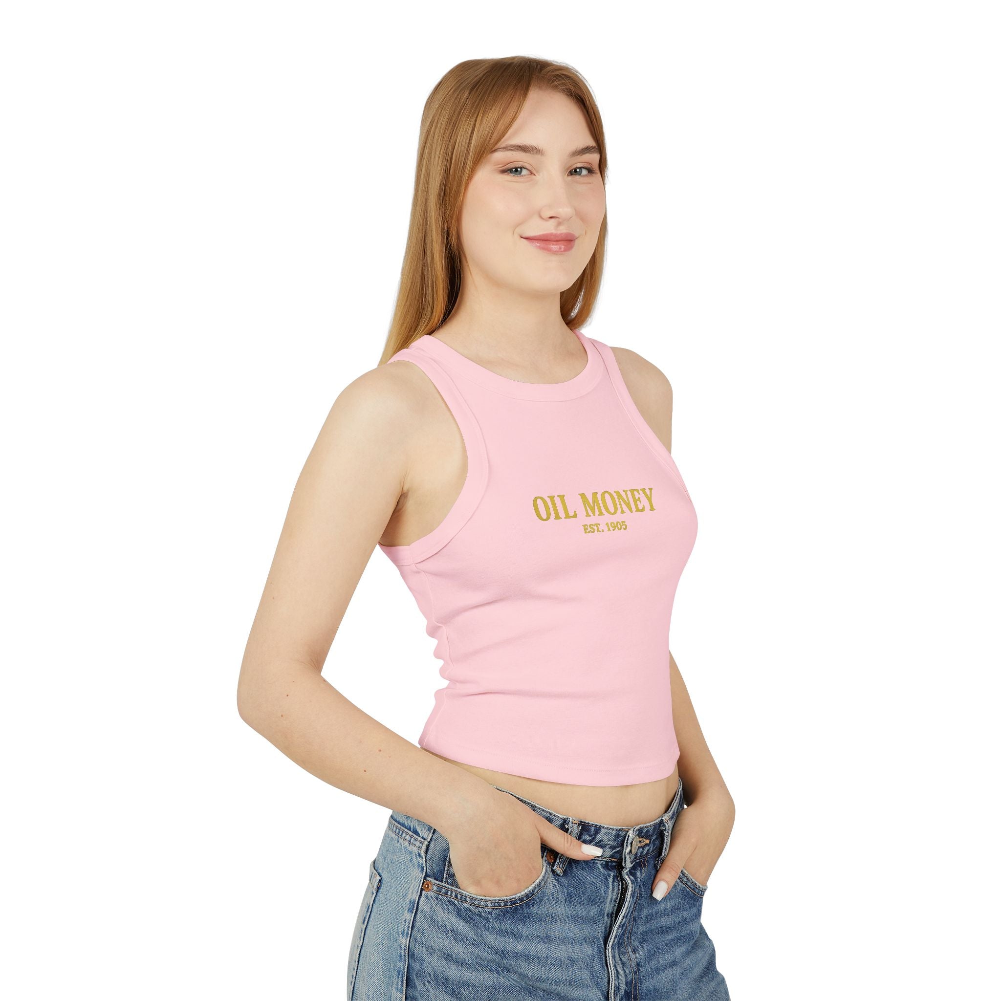 Oil Money Women’s Crop Top – Minimalist Fitted Tank | Casual Summer Shirt | EST. 1905 Slim Fit Tee, Grounded Wealth, Refined Taste.