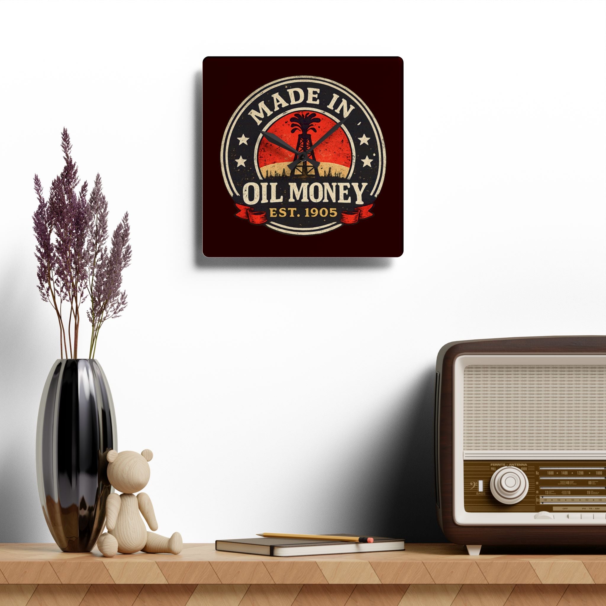 Oil Money Wall Clock – Vintage Oilfield Decor | Rustic Industrial Man Cave Clock | Oil Rig EST. 1905 Design