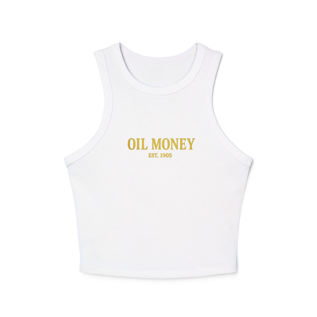 Oil Money Women’s Crop Top – Minimalist Fitted Tank | Casual Summer Shirt | EST. 1905 Slim Fit Tee, Grounded Wealth, Refined Taste.