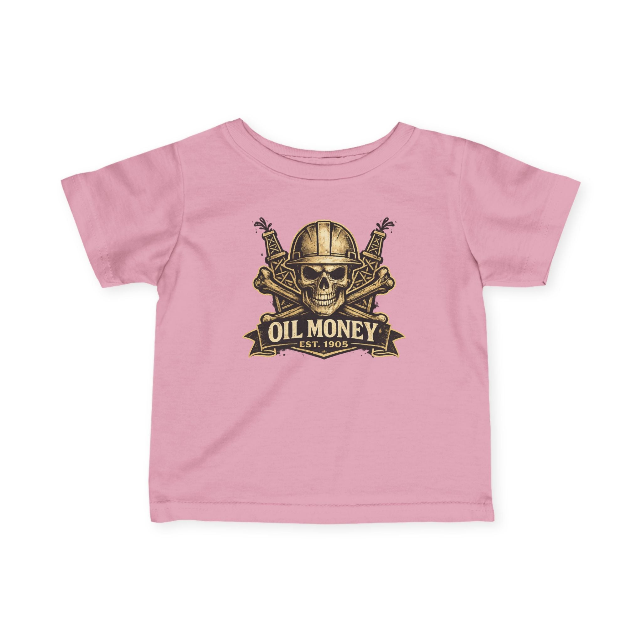 Oil Money Baby T-Shirt – Infant Graphic Tee | Funny Blue Collar Baby Shirt | EST. 1905 Skull Oil Rig Design
