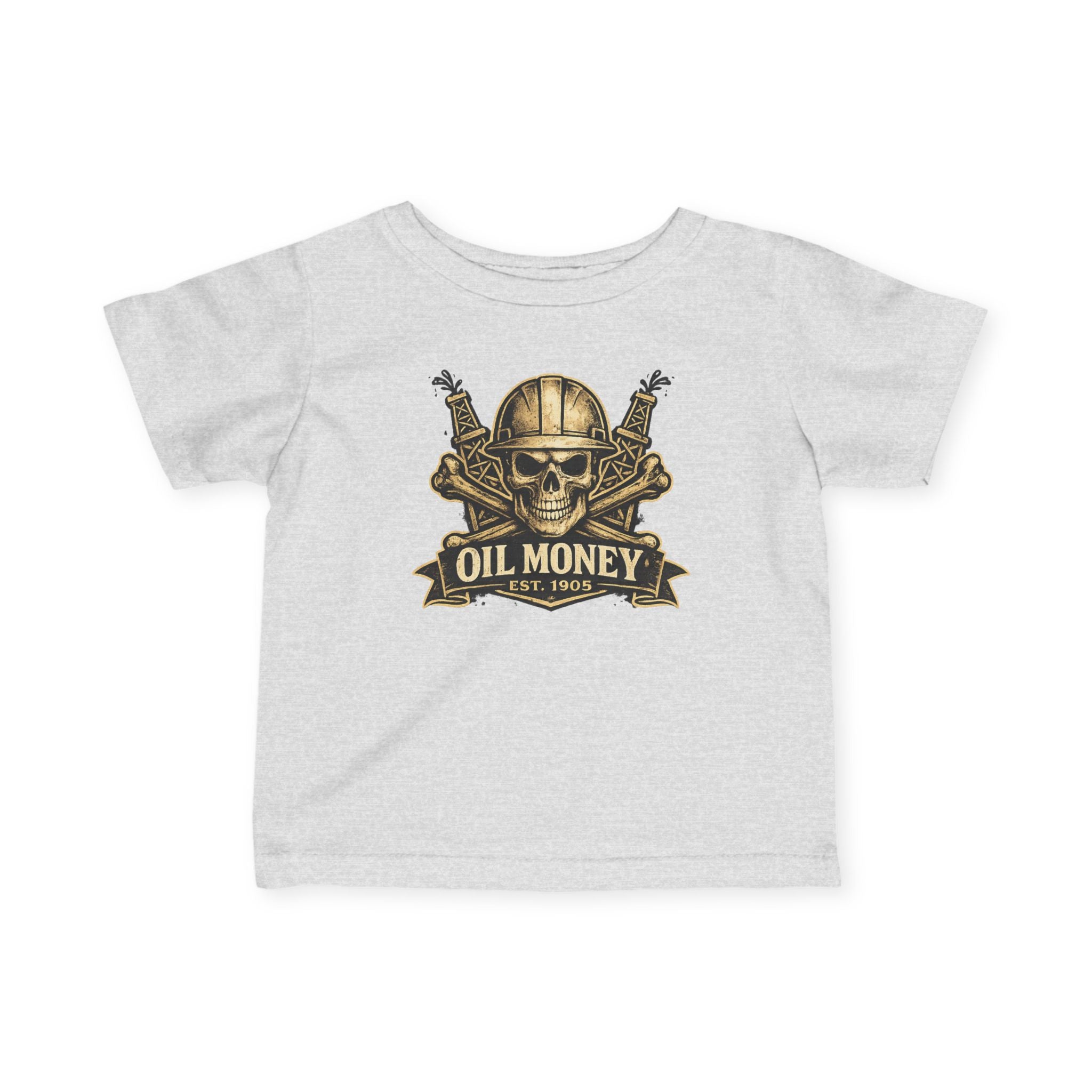 Oil Money Baby T-Shirt – Infant Graphic Tee | Funny Blue Collar Baby Shirt | EST. 1905 Skull Oil Rig Design