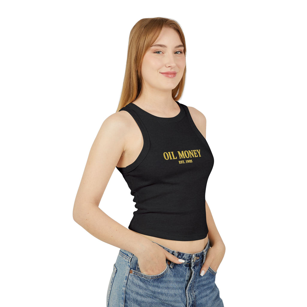 Oil Money Women’s Crop Top – Minimalist Fitted Tank | Casual Summer Shirt | EST. 1905 Slim Fit Tee, Grounded Wealth, Refined Taste.