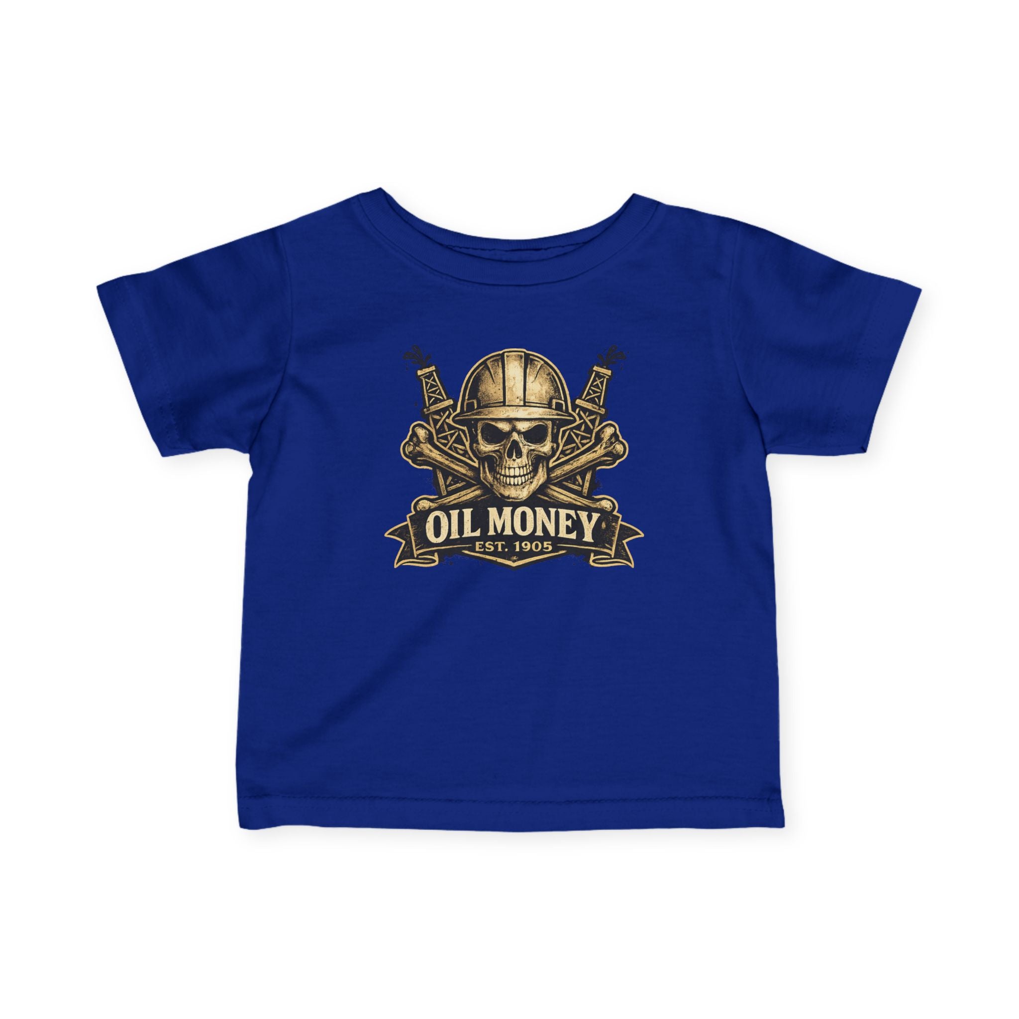 Oil Money Baby T-Shirt – Infant Graphic Tee | Funny Blue Collar Baby Shirt | EST. 1905 Skull Oil Rig Design