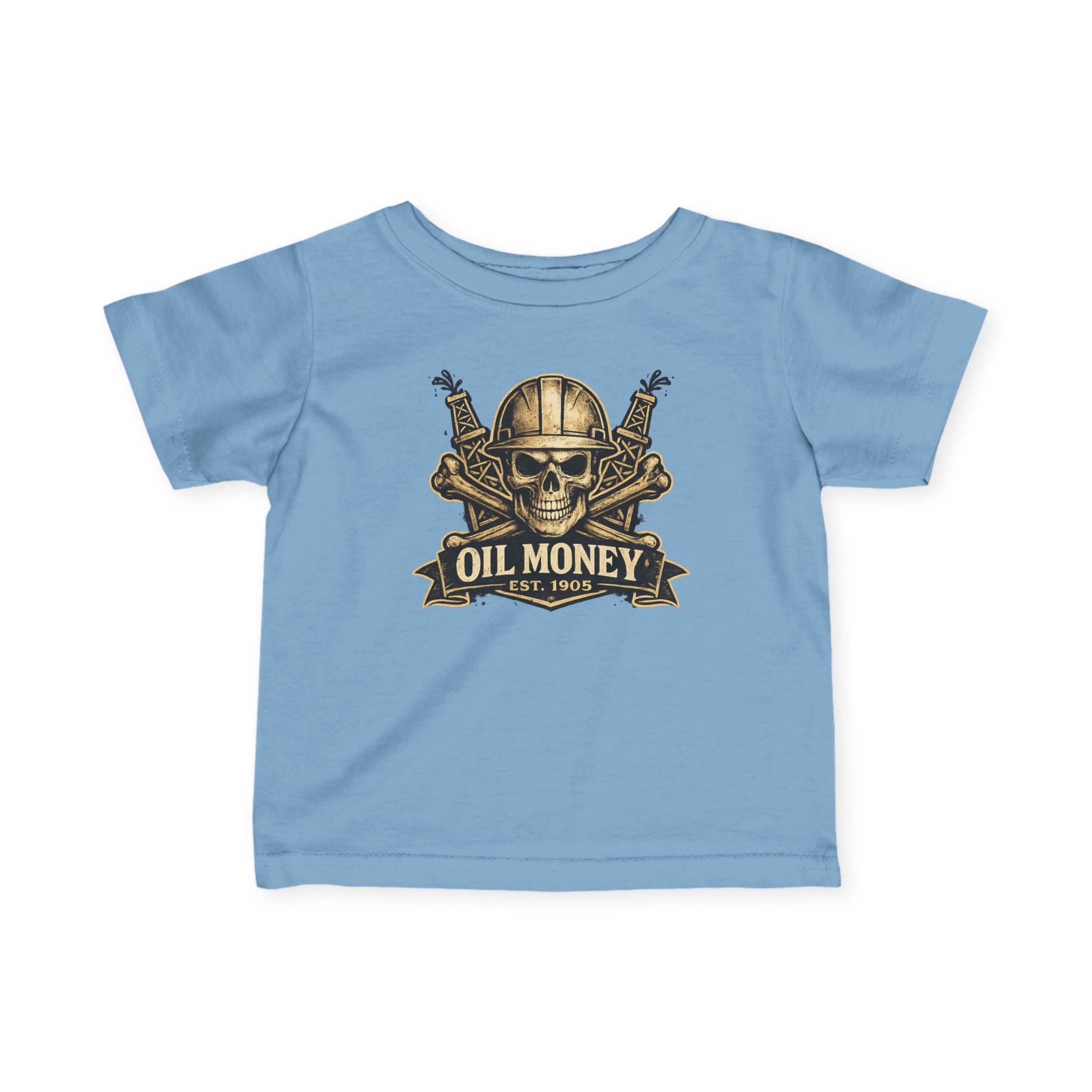 Oil Money Baby T-Shirt – Infant Graphic Tee | Funny Blue Collar Baby Shirt | EST. 1905 Skull Oil Rig Design