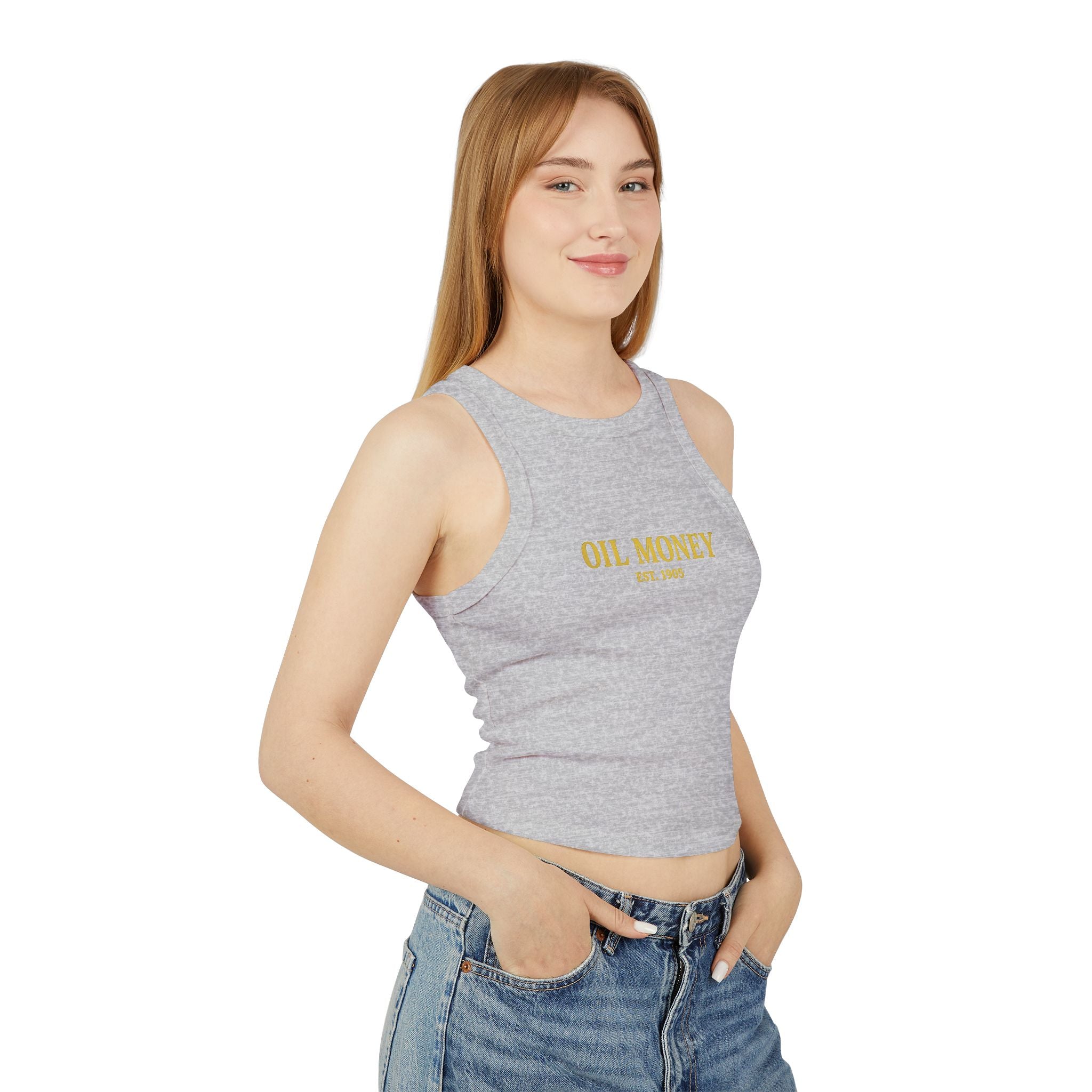 Oil Money Women’s Crop Top – Minimalist Fitted Tank | Casual Summer Shirt | EST. 1905 Slim Fit Tee, Grounded Wealth, Refined Taste.