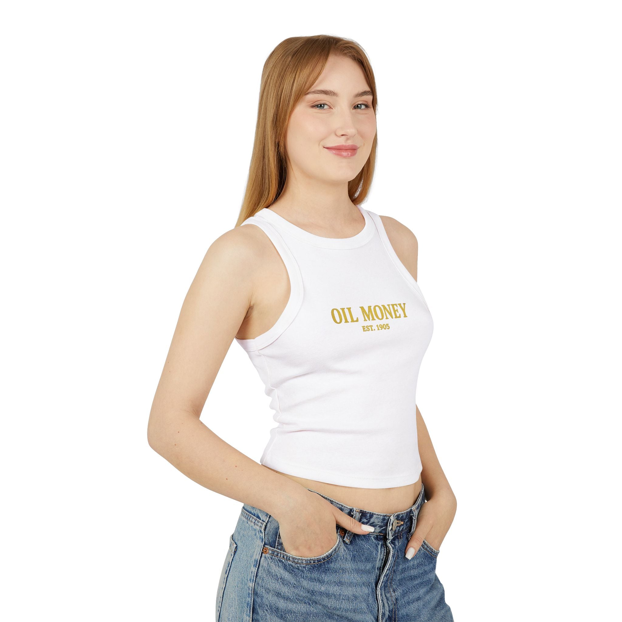 Oil Money Women’s Crop Top – Minimalist Fitted Tank | Casual Summer Shirt | EST. 1905 Slim Fit Tee, Grounded Wealth, Refined Taste.