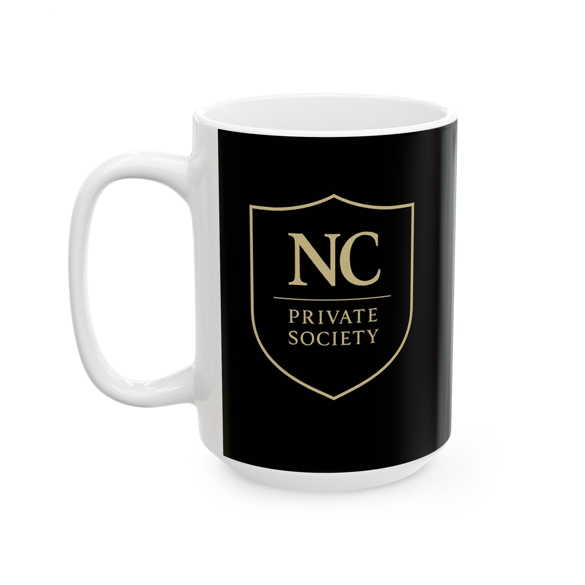 "Private Society" Gold Shield Black Ceramic Mug | 11oz or 15oz | Black Gold Standard.