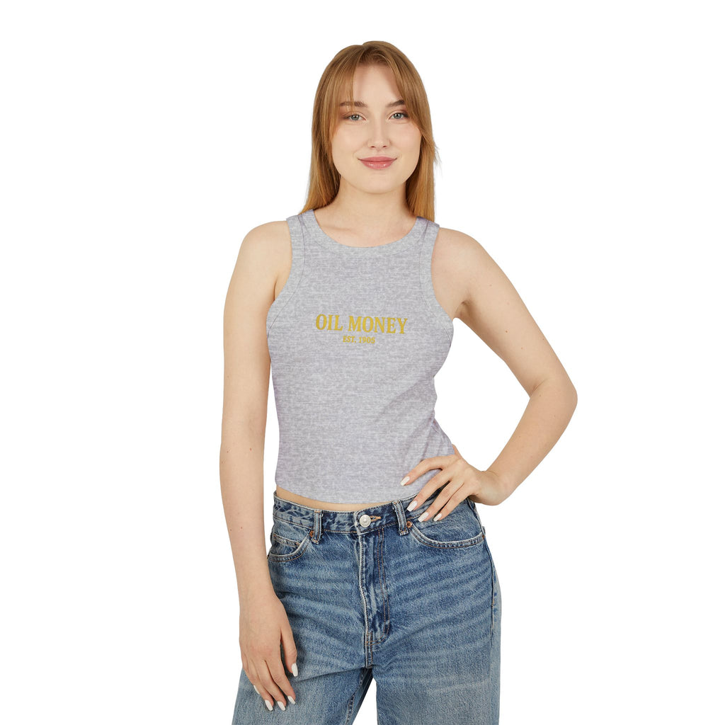 Oil Money Women’s Crop Top – Minimalist Fitted Tank | Casual Summer Shirt | EST. 1905 Slim Fit Tee, Grounded Wealth, Refined Taste.