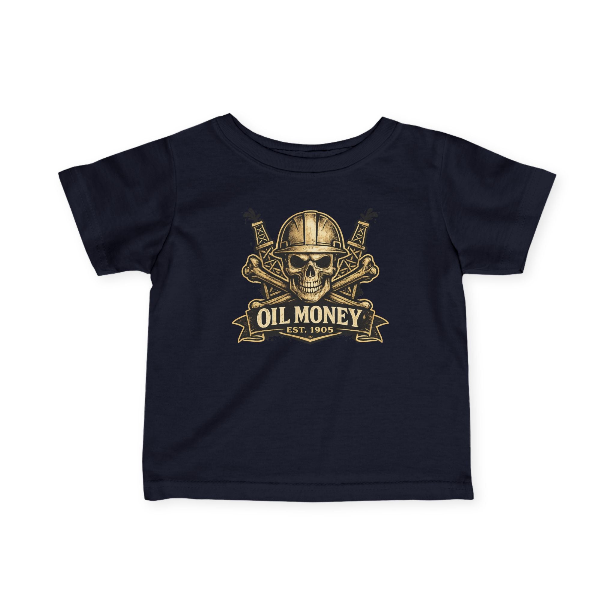 Oil Money Baby T-Shirt – Infant Graphic Tee | Funny Blue Collar Baby Shirt | EST. 1905 Skull Oil Rig Design