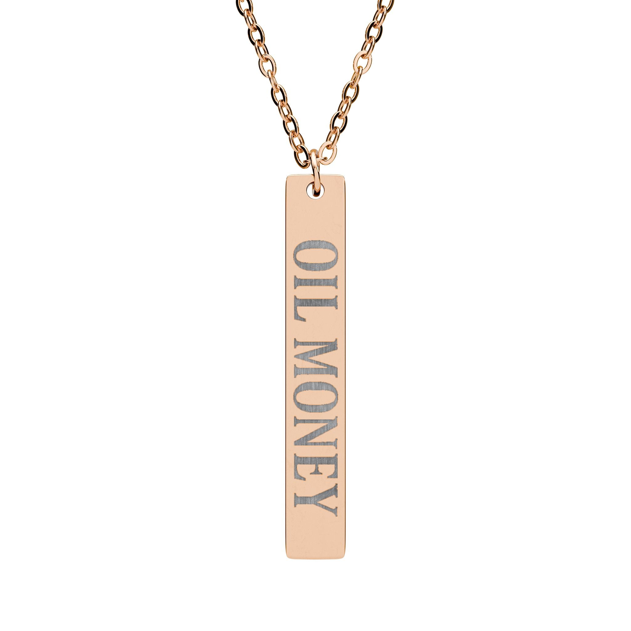 Oil Money Necklace – Minimalist Gold Bar Pendant | Luxury Statement Jewelry | EST. 1905 Engraved Necklace