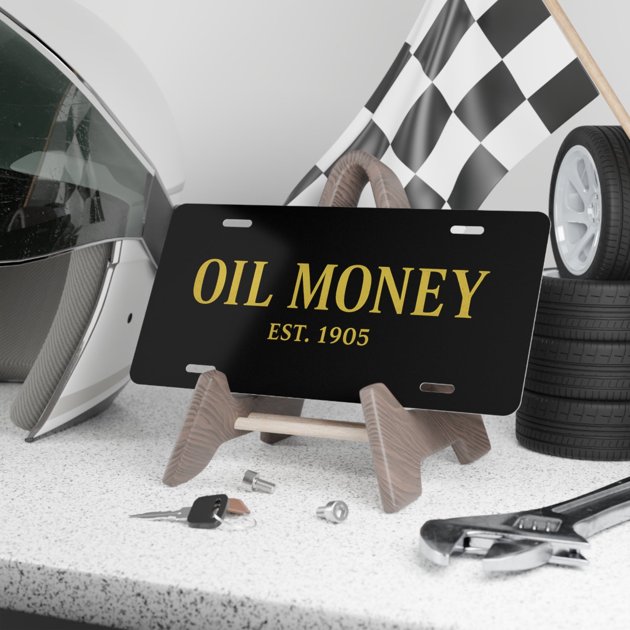 Vanity Plate - "OIL MONEY EST. 1905" Gold Text Metal License Plate