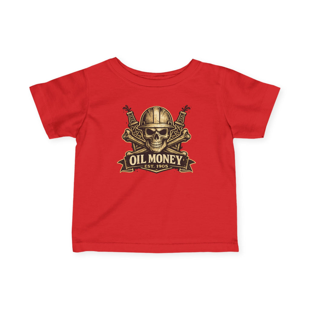 Oil Money Baby T-Shirt – Infant Graphic Tee | Funny Blue Collar Baby Shirt | EST. 1905 Skull Oil Rig Design